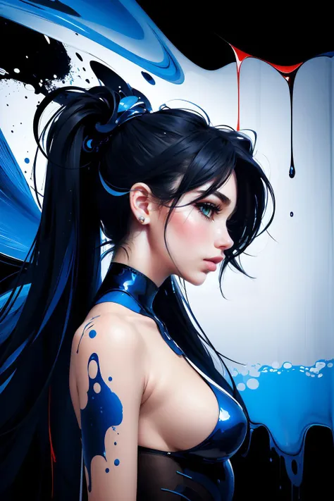 masterpiece, best quality, ultra high res, 1girl, (abstract art:1.4), bleeding blue, blue theme, visually stunning, beautiful, evocative, emotional, side view, <lora:wowifierV3:0.5>