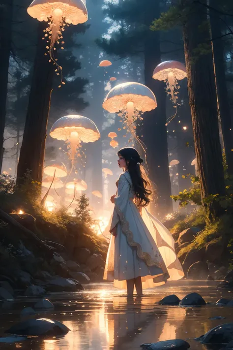 jellyfishforest, 1girl, mushroom, dress, long hair, scenery, white dress, solo, nature, water, wading, outdoors, tree, standing, black hair, fantasy, forest <lora:jellyfish-noise:0.7>