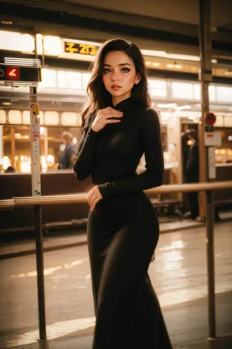 Photo of a captivating, alluring woman with long hair and in early 50s style vintage attire, reminiscent of a bygone era, elegantly poised at a brutalist train station, waiting for transportation.
blurry, dawn.