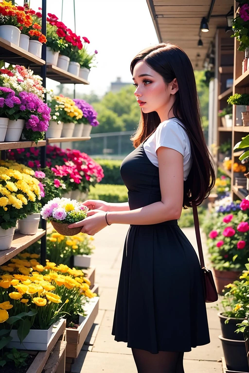 candid photo of a captivating, alluring woman with long hair and in early 50s style vintage attire, reminiscent of a bygone era, elegantly poised at a florist shop, purchasing a basket of flowers.
early morning, sunny, bright, diffused lighting, perfect hands, <lora:GoodHands-vanilla:1>