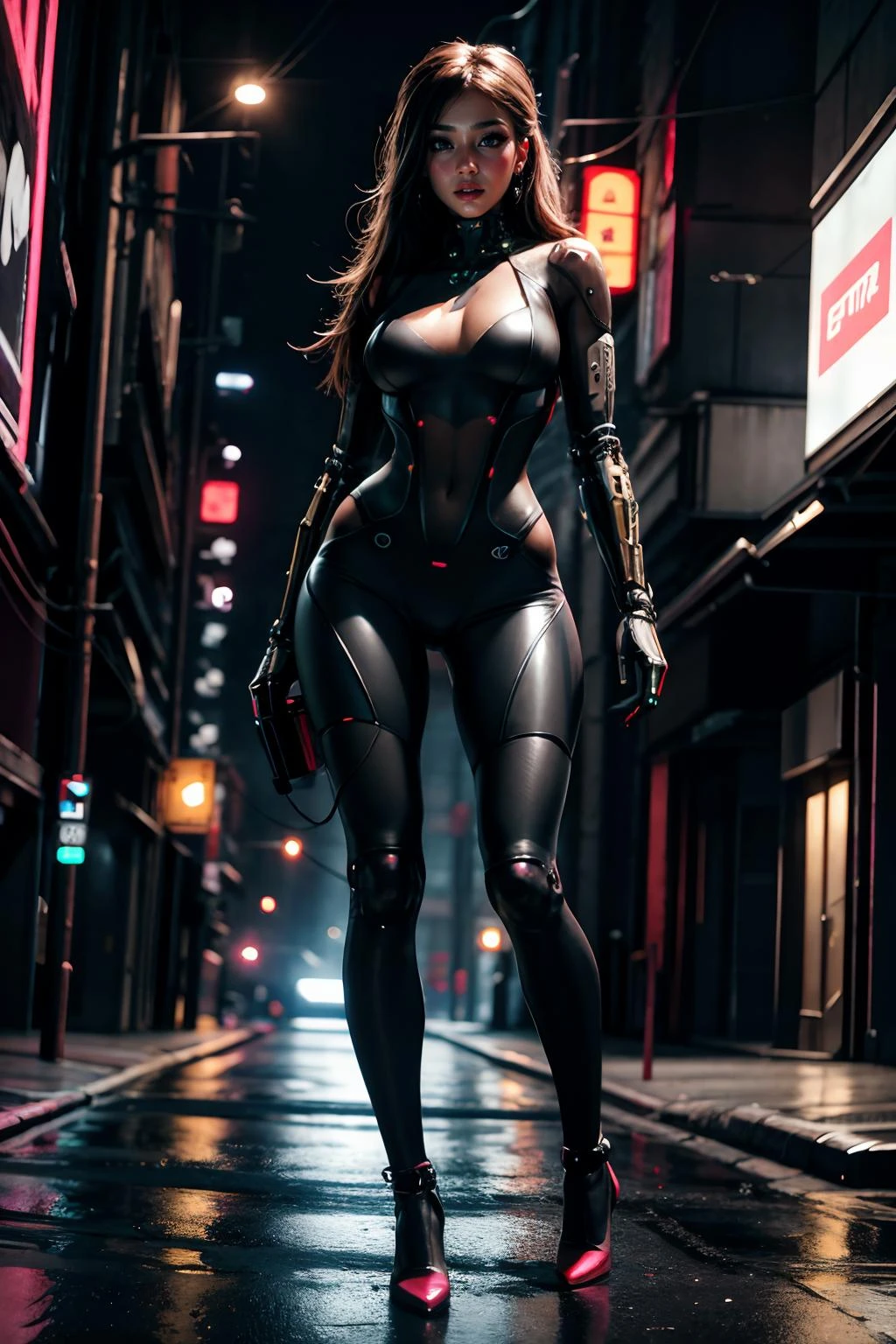 (8k, masterpiece, absurdres, top quality, high quality, realistic), 1girl, beautiful slender 20yo female with cybernetic implants, machine body parts, (very long hair, punkstyle), highly detailed face, large breasts, narrow hips, perfect hands, wearing a futuristic cybernetic skintight fullbody suit with digital LEDs and electronic enhancements built in to the suit, neon designs on outfit, highheels, walking toward viewer, looking at viewer, (dynamic pose:1.5), cyberpunk theme, cyberpunkai, in a narrow city alleyway, night time, detailed background, lots of digital neon signs, bright vivid colors, neon signs, electronic advertisements everywhere, high tech skyscrapers, tokyo, cybercar, dirty streets, potholes, holograms, futuristic, dystopian, dirty, full trashcans, trash everywhere, newspaper all over ground, wires hanging, pipes on sides of buildings, smoke coming from sewer covers, dark theme, at night, city, skyline, eye level with viewer, cinematic lighting, realistic shadows, <lora:add_detail:1> <lora:epi_noiseoffset2:0.5> <lora:LowRA:0.5> <lora:CyberPunkAI:0.3> <lora:cyber_20230605125330:0.1> <lora:cybervehiclev4:0.5> <lora:GoodHands-vanilla:1>