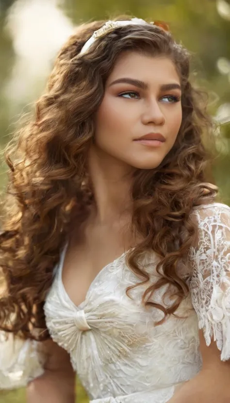 masterpiece,best quality,(detailed face, perfect face, perfect eyes, realistic eyes, perfect fingers),(clear face),fantasy girl,long hair,hair ornaments,looking at viewer,outdoors,intricate,high detail,sharp focus,dramatic,beautiful girl,full body,kneeling, outdoors, white dress,bow,cleavage, <lora:Zendaya:1.2>