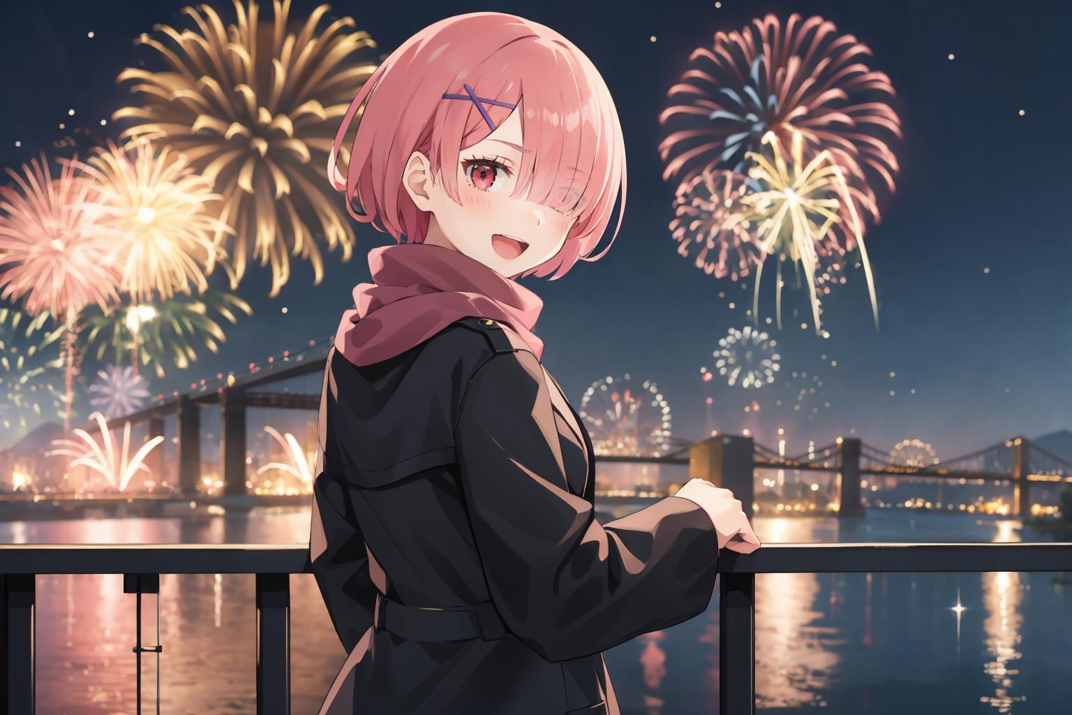 A woman standing on a bridge looking at fireworks in the sky - SeaArt AI