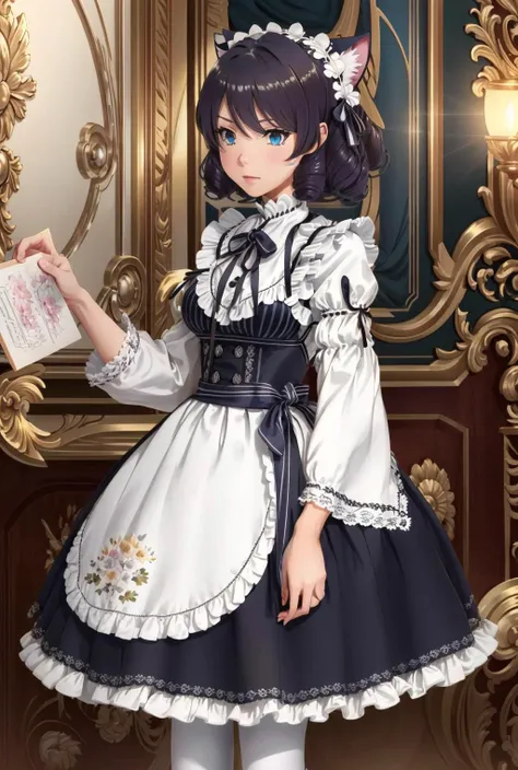 <lora:Рам ReZERO(aaram,short hair,hair over one eye,bangs,hair ribbon,purple ribbon,x hair ornament,small breasts(Ñм одеждÑ):0.8>,roswaal mansion maid uniform,maid,neck ribbon,dress,frills,detached sleeves,long sleeves,(apron:1.2),skirt,white thighhighs,shoes,black and white maid uniform, <lora:ÐоÑка-девоÑка из Ñок ÑоÑ(cyan, animal ears, cat ears,tail,blue eyes,black hair,curly hair):1>,cyan, animal ears, cat ears,tail,blue eyes,black hair,curly hair, (((masterpiece))), (((best quality))), (((illustration))), (((finely detail))), ((extremely detailed cg unity 8k wallpaper, highres)), (beautiful detailed face and eyes and hair:1.1), (an extremely delicate and beautiful girl:1.2), ultra-detailed, ultra high res, high quality, 4K, extreamly delicate and beautiful, full_body, standing, in full growth, hourglass waist