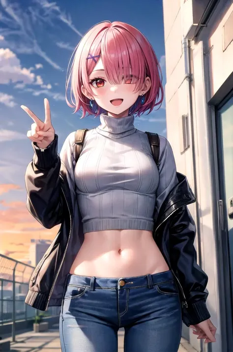 (masterpiece, best quality, detailed), 1girl, solo, looking at viewer, aaram,short hair,hair over one eye,bangs,hair ribbon,purple ribbon,x hair ornament,small breasts,
turtleneck sweater, earrings, midriff, groin, casual, jeans, <lora:school_rooftop_v0.1:1>, school rooftop, chain-link fence, fence, sunset, peace sign, smile, open mouth