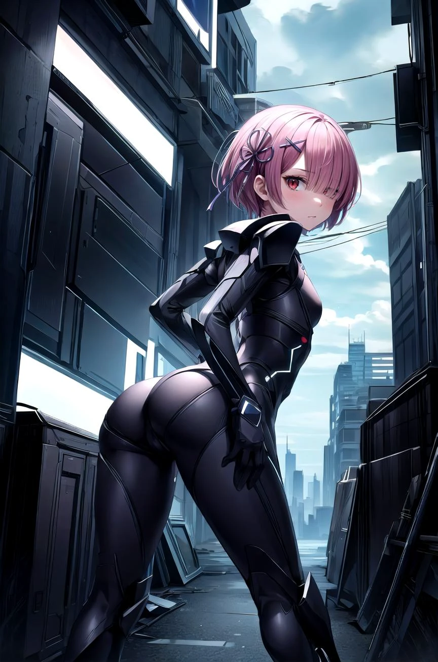 (masterpiece, best quality, detailed), 1girl, solo, looking at viewer, aaram,short hair,hair over one eye,bangs,hair ribbon,purple ribbon,x hair ornament,small breasts,
<lora:StealthTech:1>, stealthtech, cutting edge, scifi, bodysuit, shoulder armor, interface headset, sleek angular, <lora:alley:1>, alleyway, industrial pipe, building, urban, power lines, cloudy sky, sign, dark, night, trash can, leaning forward, looking back, from behind, ass, closed mouth
