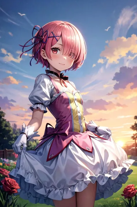 (masterpiece, best quality, detailed), 1girl, solo, looking at viewer, aaram,short hair,hair over one eye,bangs,hair ribbon,purple ribbon,x hair ornament,small breasts,
<lora:MadokaCostumePackV1_2:0.9>, madoka outfit, outdoors, garden, grass, bush, flower pot, sunset, rose, skirt lift, blush, smile, closed mouth, wavy mouth