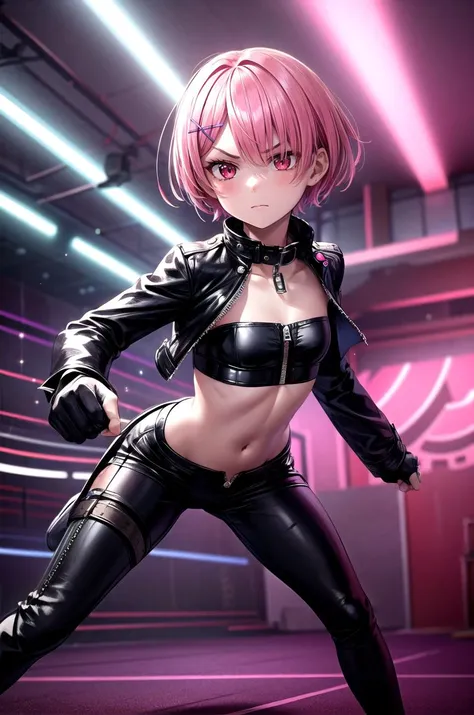 (masterpiece, best quality, detailed), 1girl, solo, looking at viewer, aaram,short hair,hair over one eye,bangs,hair ribbon,purple ribbon,x hair ornament,small breasts,
leather jacket, leather pants, strapless bra, black jacket, tight pants, black chocker, zipper, fingerless gloves, biker clothes, spikes, unzipped, high collar, <lora:pnkr2:0.5>, pnkr, indoors, pink theme, purple theme, red theme, night, pink lighting, neon lights, cinematic lighting, fighting stance, clenched hands, legs apart, serious, closed mouth, v-shaped eyebrows, glaring