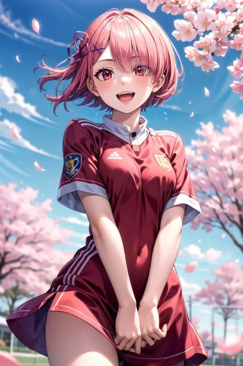 (masterpiece, best quality, detailed), 1girl, solo, looking at viewer, aaram,short hair,hair over one eye,bangs,hair ribbon,purple ribbon,x hair ornament,small breasts,
<lora:Soccer Uniform By Stable Yogi:0.5>, soccer uniform, cherry blossoms, petals, outdoors, tree, sky, wind, <lora:breasts_squeezed_together_v0.2:1> (breasts squeezed together, v arms), smile, open mouth
