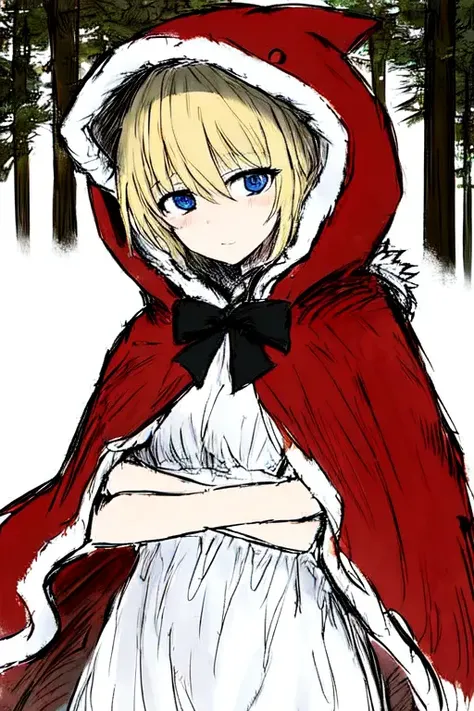 black souls, sketch, red hood (black souls), 1girl, teenager, solo, (animal hoo:0.6)d, arm at side, black bow, blonde hair, short hair, blue eyes, expressionless, white dress,fur-trimmed dress, fur-trimmed cape, red cape,fur-trimmed hood, red hood,hood up, ribbon legwear,thighhighs, white thighhighs,zettai ryouiki, upper body, forest background, <lora:blacksoulsLoraOfBlack_v20:1>
