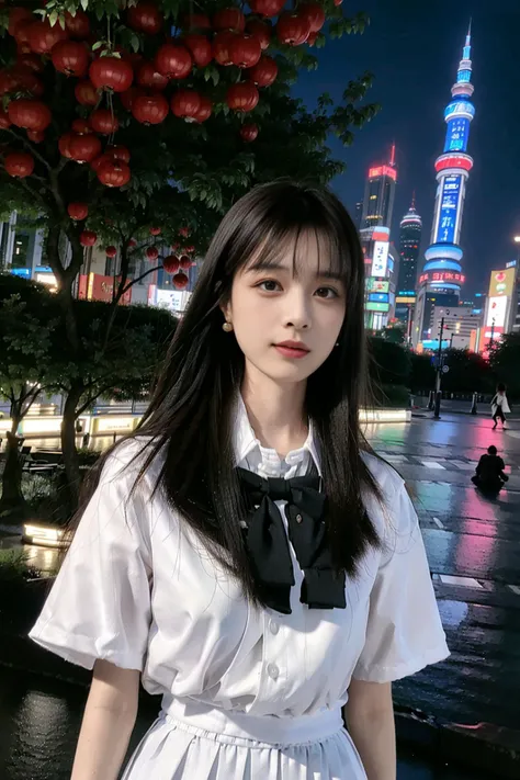 1girl, Chinese, asian, black hair, long hair, office lady, cityscape, tokyo, outdoors, black collared shirt, white skirt, earrings, looking at viewer, upper body,
