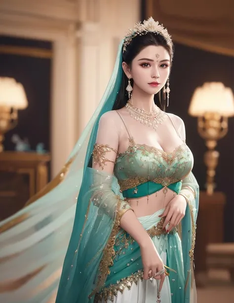 ultra realistic 8k cg, picture-perfect face, flawless, clean, masterpiece, professional artwork, famous artwork, cinematic lighting, cinematic bloom, perfect face, beautiful face, fantasy, dreamlike, unreal, science fiction,   lace, lace trim, lace-trimmed legwear,  (rich:1.4), prestige, luxury, jewelry, diamond, gold, pearl, gem, sapphire, ruby, emerald, intricate detail, delicate pattern, charming, alluring, seductive, erotic, enchanting, hair ornament, necklace, earrings, bracelet, armlet,halo
((,1girl, pov,))(((1girl, jewelry, solo, standing, see-through, large breasts, , looking_at_viewer,  outdoors,  flower,aqua sleeves,     )))   <lora:DA_DunHuang:0.7>