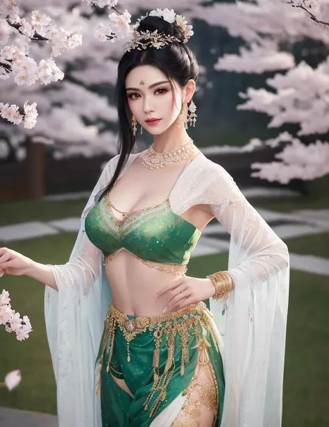ultra realistic 8k cg, picture-perfect face, flawless, clean, masterpiece, professional artwork, famous artwork, cinematic lighting, cinematic bloom, perfect face, beautiful face, fantasy, dreamlike, unreal, science fiction,   lace, lace trim, lace-trimmed legwear,  (rich:1.4), prestige, luxury, jewelry, diamond, gold, pearl, gem, sapphire, ruby, emerald, intricate detail, delicate pattern, charming, alluring, seductive, erotic, enchanting, hair ornament, necklace, earrings, bracelet, armlet,halo
((,1girl, pov,))(((1girl, jewelry, solo, standing, see-through, breasts, black_hair, looking_at_viewer,  outdoors, cherry blossoms,     )))   <lora:DA_DunHuang:0.6>