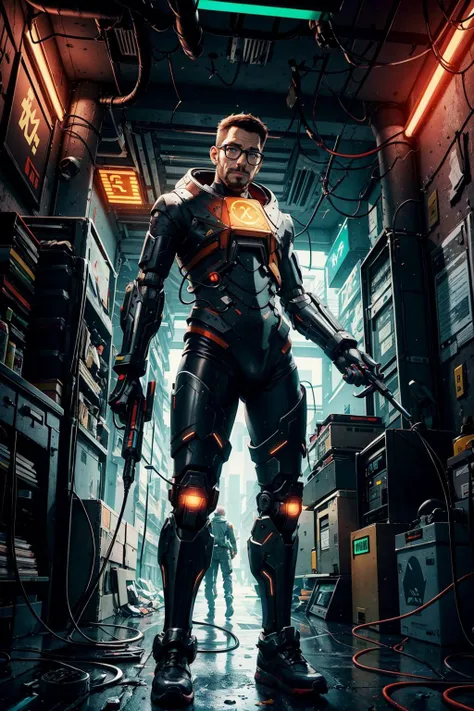 1man, (front:1.5), (sci fi, futuristic, cables, wires, neon lights, cyberpunk:1.2), indoors, hacker room, soldier, robotic limbs, holding a futuristic rifle, rifle, <lora:GordonFreeman:1>, gordon_freeman, beard, count, HEV suit, <lora:add_detail:0.2>