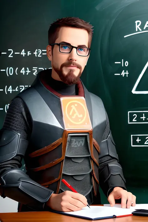 RAW photo, gordon_freeman teaching math, writing on blackboard, best quality, high quality, <lora:GordonFreeman:1>