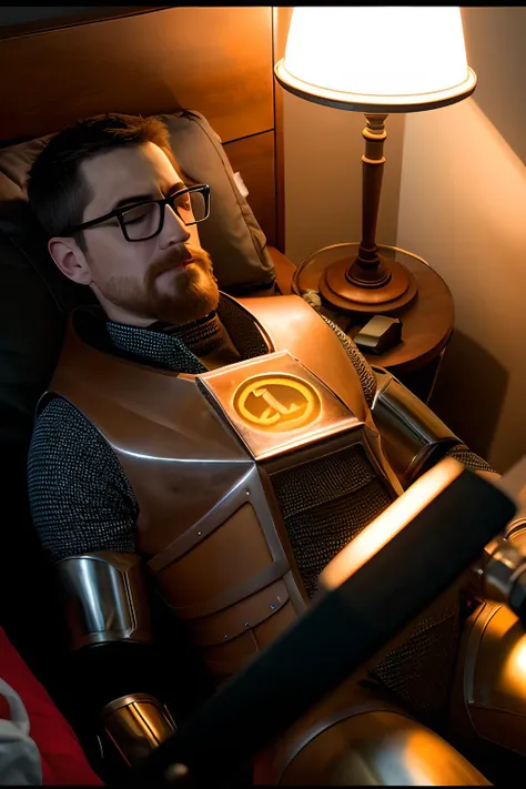 RAW photo, gordon_freeman sleeping, best quality, high quality, masterpiece, warm light, <lora:GordonFreeman:1>