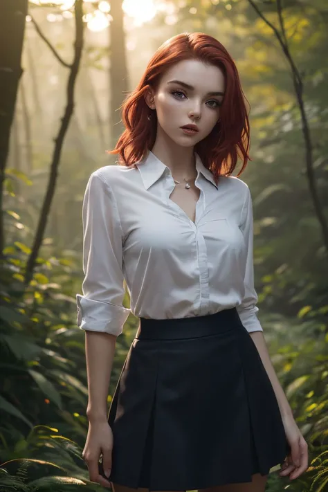 photo of S167_KatherinSher,a stylish woman,in a (forest:1.1),wearing a (tied-shirt:1.1) and a (skirt),(sunset),(8k, RAW photo, best quality, depth of field, ultra high res:1.2),(absurdres, intricate, photorealistic, masterpiece, ultra-detailed:1.3),