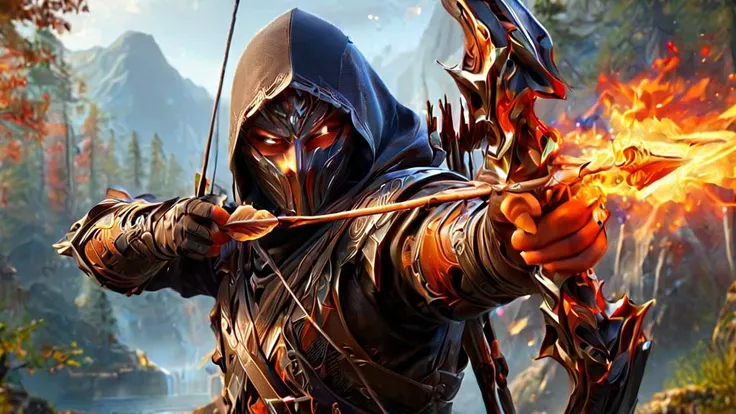 fantasy illustration style, ninja Aiming a Bow, flaming arrow, ultra detailed, high quality, masterpiece <lora:XL_Weapon_Bow_-_By_HailoKnight:1>
