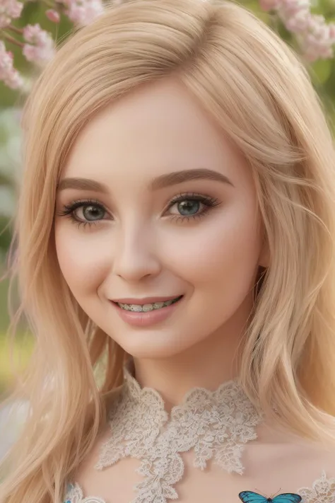 High detail RAW color Photo of petite blonde woman, (smiling:1.2), (braces:1.1), 8k beautiful 1girl, (intricate:1.1) organic outfit, ornate and elegant (dress made:1.3) of (plants:1.1), elegant, highly detailed, majestic, digital photography, (masterpiece, sidelighting, finely detailed beautiful eyes: 1.0), hdr, blurry, blurry_background, blurry_foreground, branch, cherry_blossoms, depth_of_field, looking_at_viewer, motion_blur, photo_\(medium\), photo_background, solo, tree, vibrant details, luxurious, absurdres, incredibly absurdres, white stocking, (realistic, photo-realistic:1), finely detail, best quality, lace, hyperrealistic, anatomical, facial muscles, extremely detailed CG unity 8k wallpaper, octane render, elegant, depth_of_field, blue butterfly, looking_at_viewer, extremely detailed,