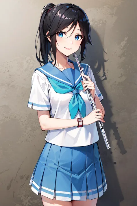 masterpiece, best quality, highres, nozomi1, 1girl, kasaki nozomi, solo, school uniform, blue eyes, black socks, ponytail, sailor collar, blue skirt, black hair, blue sailor collar, pleated skirt, blue neckerchief, short sleeves, long hair, white shirt, kneehighs, wristwatch, bangs, <lora:kasaki_nozomi_v1:0.5>, cowboy shot, flute, holding flute, smile,