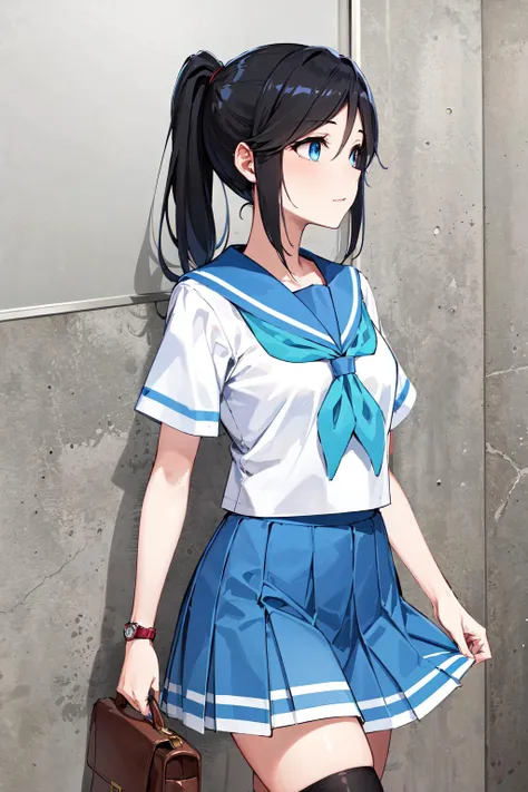 1girl, AmanaiRiko, solo, school_uniform, sailor_collar, serafuku, letterboxed, braid, blue_sailor_collar, looking_at_viewer, long_hair, open_mouth, parted_lips, bangs, :o, shirt, Taisho era, rear view, shows ass, butt