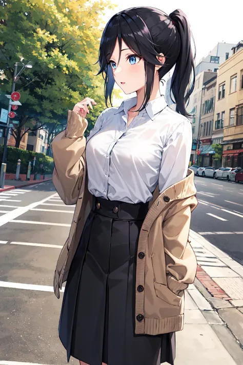 masterpiece, best quality, highres, nozomi1, 1girl, kasaki nozomi, solo, blue eyes, ponytail, black hair, long hair, bangs, white shirt, cardigan, high-waist skirt, <lora:kasaki_nozomi_v1:0.5>, street