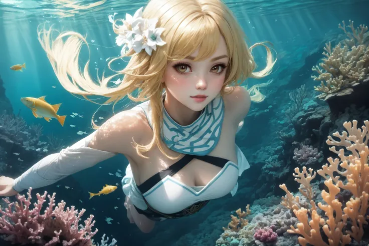 best quality, swims underwater, deep water, <lora:lumine1-000008:1.0>, luminedef, amazing body, blonde, bangs over the eyes, short hair, (slight smile:0.5), fish, bubbles, looking at viewer, scenery, from above