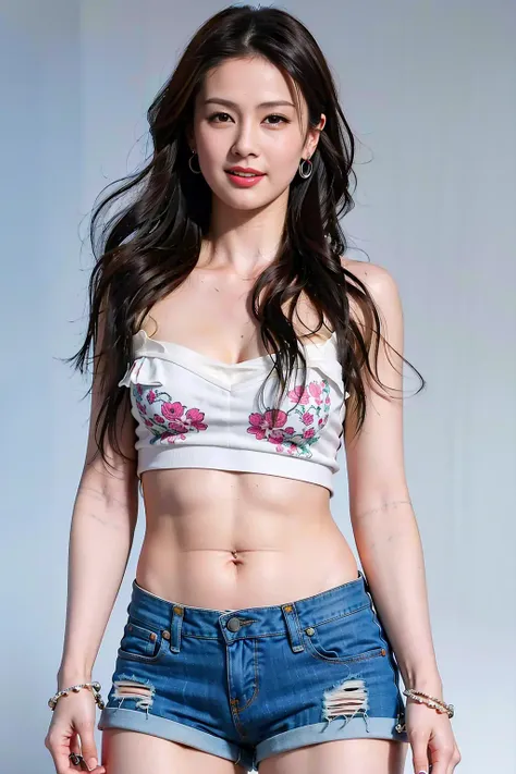 masterpiece, best quality, 1girl, aqua eyes, black hair, closed mouth, multicolored background, looking at viewer, outdoors, solo, upper body, alluring, clean, beautiful face, pure face, pale skin, sexy pose,((tube top, navel, shorts)), long hair, ((perfect female figure)), mature female, milf, narrow waist, chinese deity, seductive, highly detailed,best quality, masterpiece, highres, original, extremely detailed 8K, wallpaper, masterpiece, best quality, illustration, beautifully detailed eyes, cinematic lighting, earrings, jewelry, smile,
