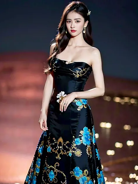 masterpiece, best quality, 1girl, aqua eyes, black hair, closed mouth, multicolored background, looking at viewer, outdoors, solo, upper body, alluring, clean, beautiful face, pure face, pale skin, sexy pose,((luxury dress, breasts slit)), long hair, ((perfect female figure)), mature female, milf, narrow waist, chinese deity, seductive, highly detailed,best quality, masterpiece, highres, original, extremely detailed 8K, wallpaper, masterpiece, best quality, illustration, beautifully detailed eyes, cinematic lighting, earrings, jewelry, <lora:bachloc:0.8>