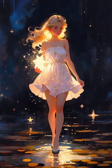 front view illustration portrait, cute kawaii woman standing in a pond at dusk, skinny, blonde ponytail, oversized hair bow, strapless pink party dress, buxom, cleavage, thigh-high stockings, hovering stars, starlight, sparks, heavy strokes, vivid colors, ink style, cinematic lighting, great contrast environment, color texture, brush texture, stroke texture, digital art, ink style, ralph steadman style, <lora:starlight:0.8>