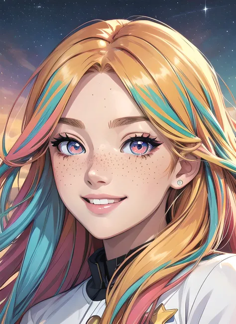 modern anime, high quality, ultra detailed,
young lady, pretty face, detailed face, freckles, long colorful hair, smiling, ð
multicolored eyes, detailed eyes, beautiful eyes,
<lora:starlight:0.30> , starlight, star,