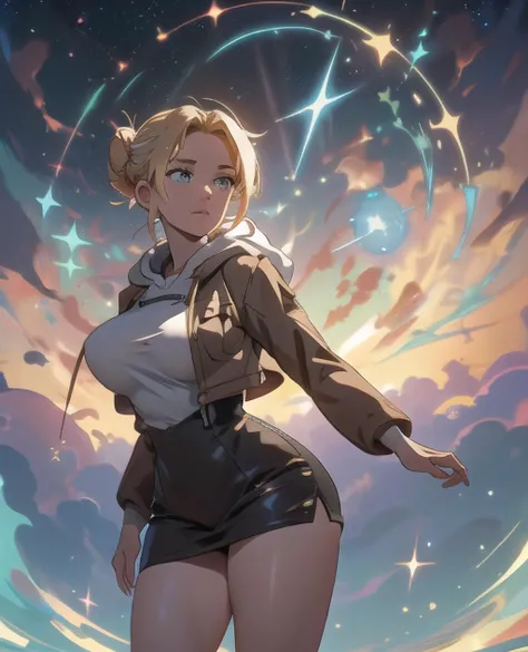 3d picture, 8k, digital painting,  high details, [[simple starry background]]
mature woman, huge tits, large breasts, wide hips, thick thight,
 <lora:starlight:0.45> , starlight, star,
 <lora:Magic Circle_20230812103010:0.45> , Magic Circle,
 <lora:3DMM_V12:0.4> , 3DMM,
 <lora:big_ass_big_breasts:0.61> , big ass, big breasts, wide hips, large breastsm huge tits,
 <lora:Annie:0.5> , annie_leonhardt, blonde, hair bun, hood down, hoodie, brown jacket, open clothes, paradis military uniform, straps,