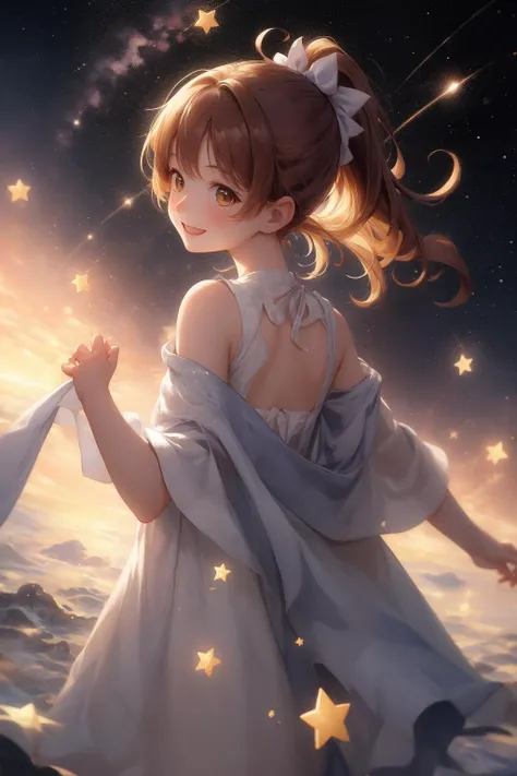 masterpiece, best quality, 1girl,shining,milky way, <lora:add_detail:0.5>universe,planet,spacewalk, <lora:starlight:0.8>star,starlight,many shooting star, smile512,pick up star,from back,ponytail, AS-Young
