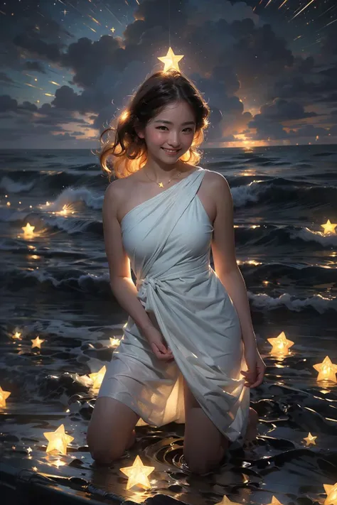 (star, starlight:1.4), (realistic:1.3), finely detailed, quality, rembrandt lighting, (masterpiece:1.2), (photorealistic:1.2), (best quality), (detailed skin:1.3), (intricate details), dramatic, ray tracing, 1girl, japanese girl, smiling, 21 years old, medium breasts, white dress, kneeling in sea, starry sky, <lora:starlight:1.4>