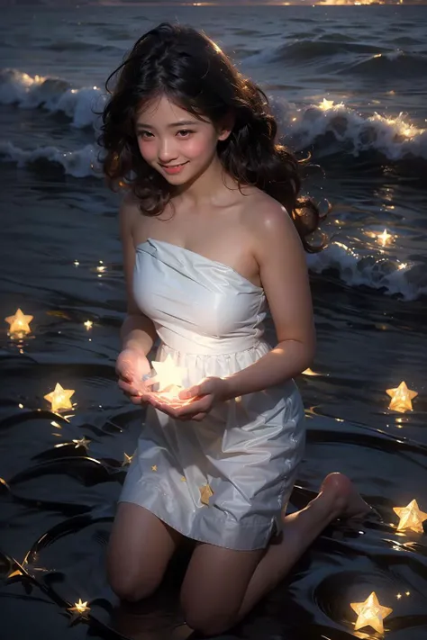 (star, starlight:1.4), (realistic:1.3), finely detailed, quality, rembrandt lighting, (masterpiece:1.2), (photorealistic:1.2), (best quality), (detailed skin:1.3), (intricate details), dramatic, ray tracing, 1girl, japanese girl, smiling, 21 years old, medium breasts, white dress, kneeling in sea, starry sky, <lora:starlight:1.4>