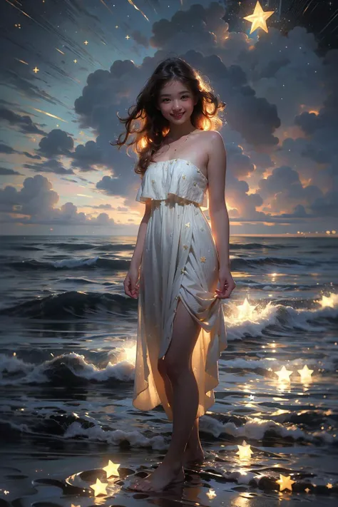 (star, starlight:1.4), (realistic:1.3), finely detailed, quality, rembrandt lighting, (masterpiece:1.2), (photorealistic:1.2), (best quality), (detailed skin:1.3), (intricate details), dramatic, ray tracing, 1girl, japanese girl, smiling, 21 years old, medium breasts, white dress, standing in sea, starry sky, <lora:starlight:1.4>
