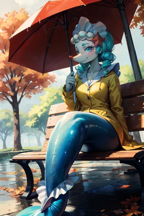 primarina, furry, animal nose, mermaid tail, wearing a yellow raincoat, looking at viewer, smiling, 
sitting, on bench, holding an umbrella, outside, park, trees, autumn, overcast, rain, raining,  extreme detail, masterpiece, <lora:Primarina:1>