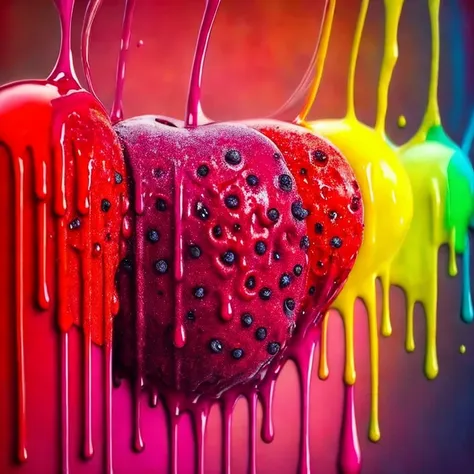 a close up of a  covered in paint, vibrant colors hyper realism, colorful hyperrealism, berries dripping juice, viscous rainbow paint, vibrant realistic colors, rainbow liquids, juicy color, cinema 4d colorful render, colorful art, dripping colors, realistic colorful photography, blender art, colorful hd picure, colourful 4 k hd, colorful chromatic abberation,