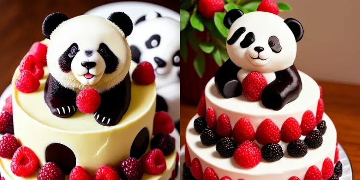 a panda bear sitting on top of a cake with raspberries and raspberries on the bottom of the cake and the top of the cake, food, fruit, food_focus, no_humans, panda, strawberry, cherry, blueberry, blood, watermelon, cake, tomato, red_flower