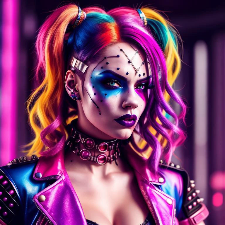 a woman with colorful hair and makeup, cyberpunk style , hyperrealistic, hyper-realistic cyberpunk style, cgsociety saturated colors, cyberpunk vibrant colors, cyberpunk art style, vibrant fan art, trending on artstation.', portrait of harley quinn, trending on cgsociety art, trending on cgsociety, cyberpunk look, harley quinn, trending on artstation hd, cyberpunk style color