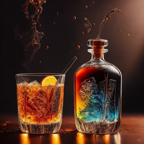 a sprinkled whiskey sitting on top of a table, hyper realistic digital painting, colorful hyperrealism, amazing food illustration, blender whiskey, amazing food photography, hyper realistic oil painting, hyper realistic color photo, ultrarealistic oil painting, realistic colorful photography, hyper - realistic oil painting, hyper-realistic oil painting, beautiful 3d render, hyperrealistic digital painting