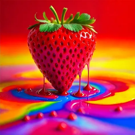 a close up of a strawberry covered in paint, vibrant colors hyper realism, colorful hyperrealism, berries dripping juice, viscous rainbow paint, vibrant realistic colors, rainbow liquids, juicy color, cinema 4d colorful render, colorful art, dripping colors, realistic colorful photography, blender art, colorful hd picure, colourful 4 k hd, colorful chromatic abberation, strawberry