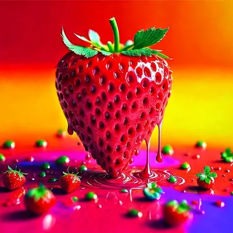 a close up of a strawberry covered in paint, vibrant colors hyper realism, colorful hyperrealism, berries dripping juice, viscous rainbow paint, vibrant realistic colors, rainbow liquids, juicy color, cinema 4d colorful render, colorful art, dripping colors, realistic colorful photography, blender art, colorful hd picure, colourful 4 k hd, colorful chromatic abberation, strawberry