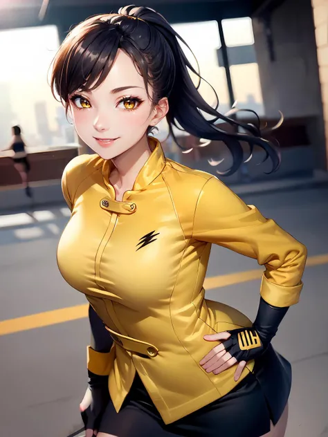 (extremely detailed CG), (best quality), perfect face, shiny skin, lustrous skin,wide hips, 1girl,solo , <lora:UzakiRan:0.8> UzakiRan, pony tail, black hair, fingerless gloves, (black skirt:1), short skirt, (yellow china shirt:1), long sleeve,smile,full body,