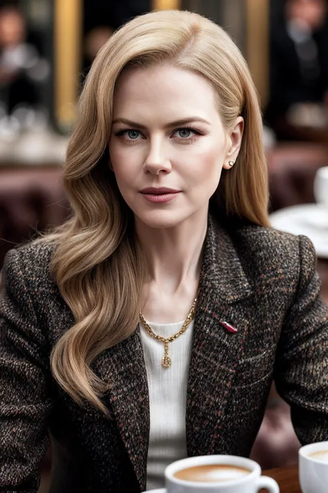 NicoleK_SoloTI_v1,
(A timeless Chanel-inspired tweed jacket, paired with a sleek pencil skirt for a sophisticated and chic aesthetic:1.1), ((In a stylish Parisian café, surrounded by the aroma of freshly brewed coffee and the chatter of fashionable patrons:1.2)), (seductive), photorealistic, masterpiece, high quality, artistic, unique, award winning photograph, professional, 8k, RAW photo, best quality,flattering, (cinematic:1.3),
 <lora:add_detail:0.6>,<lora:LowRa:0>, PA7_Portrait-MCU,
