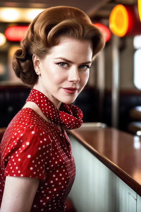 NicoleK_SoloTI_v1,
(Rocking a figure-hugging retro dress with polka dot prints and a sweetheart neckline, paired with classic red pumps and a playful hair scarf),
(Strutting through a nostalgic 1950s diner, with jukebox tunes filling the air and the aroma of sizzling burgers wafting from the kitchen, where every booth tells a story of retro charm and timeless allure: 1.3),
(seductive:1.3),(analog, cinematic, film grain, hazy atmosphere, cinematic shot:1.3),
<lora:add_detail:0.6>,<lora:LowRa:0>, PA7_Portrait-MCU,