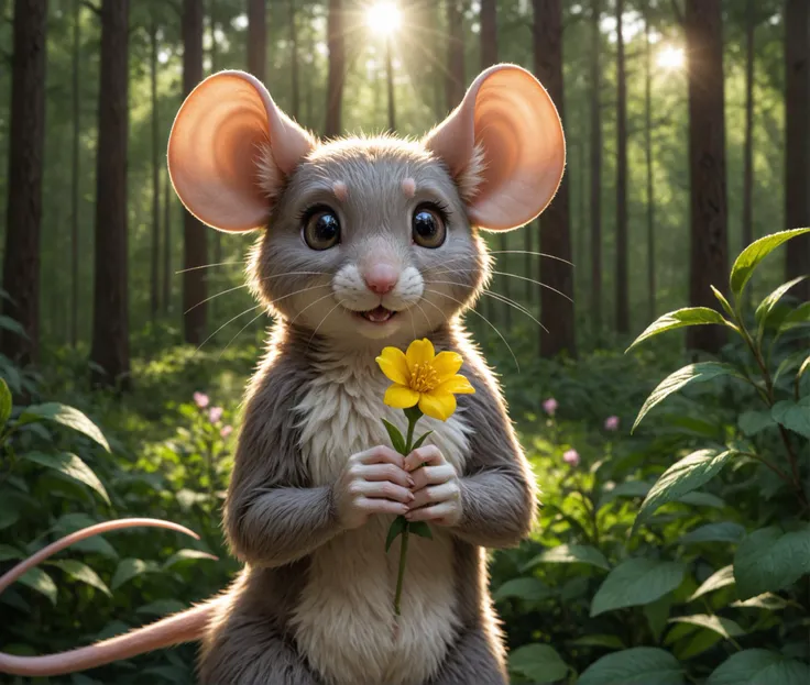 nature shot photo  ,a mouse , holding a flower, Forrest background, natural light <lora:Furry Enhancer 6.1:0.4>