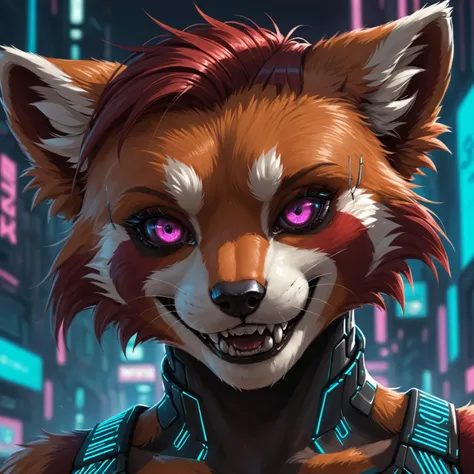 closeup, face portrait,anthro red panda ,cyberpunk , fangs  <lora:Furry Enhancer 6.1:0.8>