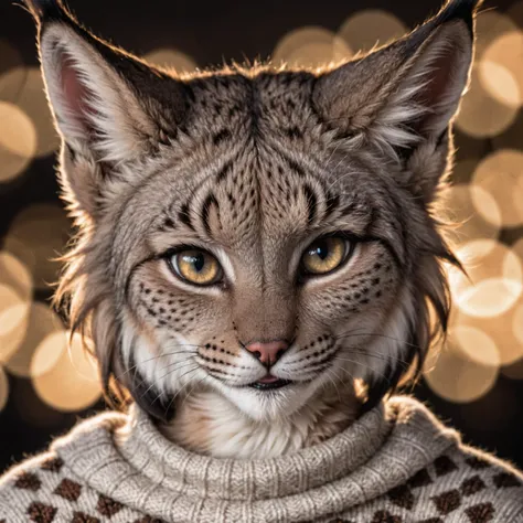 Closeup photo,  anthro furry lynx female ,wearing a wool sweater, high quality photography, 3 point lighting, flash with softbox, 4k,  hdr, smooth, sharp focus, high resolution, award winning photo, 80mm, bokeh