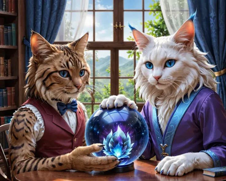 2boys, score_8_up, score_7_up, ultra detailed, cast spell together, blue magic ball, blue magic sparkles, face to face, anthro, felid, fluffy, finger_claws, cat ears, whiskers, thick fluffy tail, stern looking, hyper realistic, half length portrait, at home, half turn, sitting, dynamic pose, flowerpot, wall, wallpaper, bookshelf, small window, curtains, BREAK, athletic, brown_fur, 18th century noble costume, waistcoat, holding wide-brimmed hat with feather, BREAK, white_fur, blue expressive eyes, delighted, (skinny), purple wizard robe with gold trim